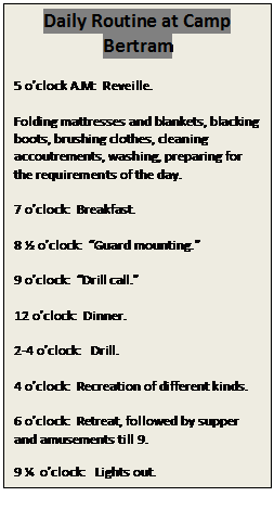 Text Box: Daily Routine at Camp Bertram

5 o’clock A.M:  Reveille.

Folding mattresses and blankets, blacking boots, brushing clothes, cleaning accoutrements, washing, preparing for the requirements of the day.

7 o’clock:  Breakfast.

8 ½ o’clock:  “Guard mounting.” 

9 o’clock:  “Drill call.” 

12 o’clock:  Dinner.

2-4 o’clock:   Drill.

4 o’clock:  Recreation of different kinds. 

6 o’clock:  Retreat, followed by supper and amusements till 9.

9 ¼  o’clock:   Lights out.
